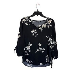 Lily Morgan Blouse Womens Size Small Black Floral Open Sleeve Boho Cottagecore